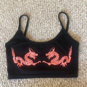Black Crop Top with Red Dragons
